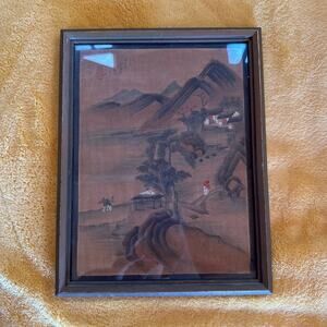 Vintage framed Asian Landscape hand painted on fabric